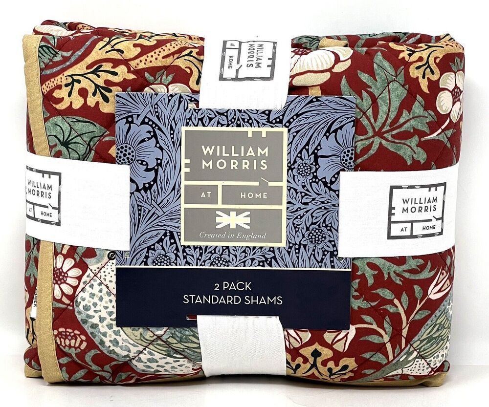 WILLIAM MORRIS Strawberry Thief Red STANDARD Quilted Pillow Shams Set Pair Of 2